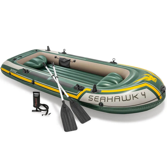 Groene opblaasbare Intex Seahawk 4 opblaasboot met twee peddels en een pomp