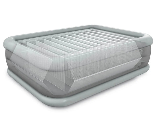 Het Intex Comfort Plush Tweepersoons Luchtbed heeft Fiber-Tech® technologie, wat de interne ondersteuningsstructuur en luchtkamers laat zien, afgewerkt met strakke grijze randen.