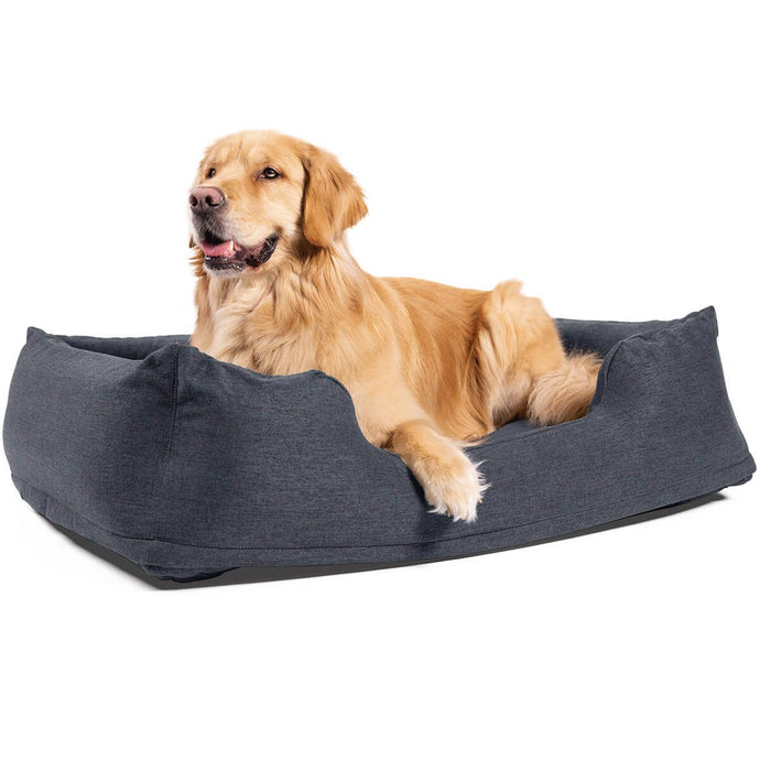 Hond ligt in een grijze opblaasbare hondenmand