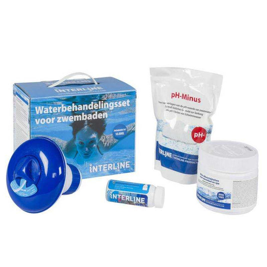 Interline chloor starterset voor kleine zwembaden. Een blauwe doos met een blauwe chloordrijver, een zak ph-min, een potje chloor en een potje teststrips