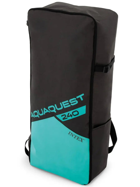Een rechthoekige, zwarte en blauwgroene Intex-draagtas met handgrepen aan de zijkant, perfect voor het vervoeren van uw Intex AquaQuest 320 SUP-set of een ander opblaasbaar SUP met Drop Stitch-technologie.