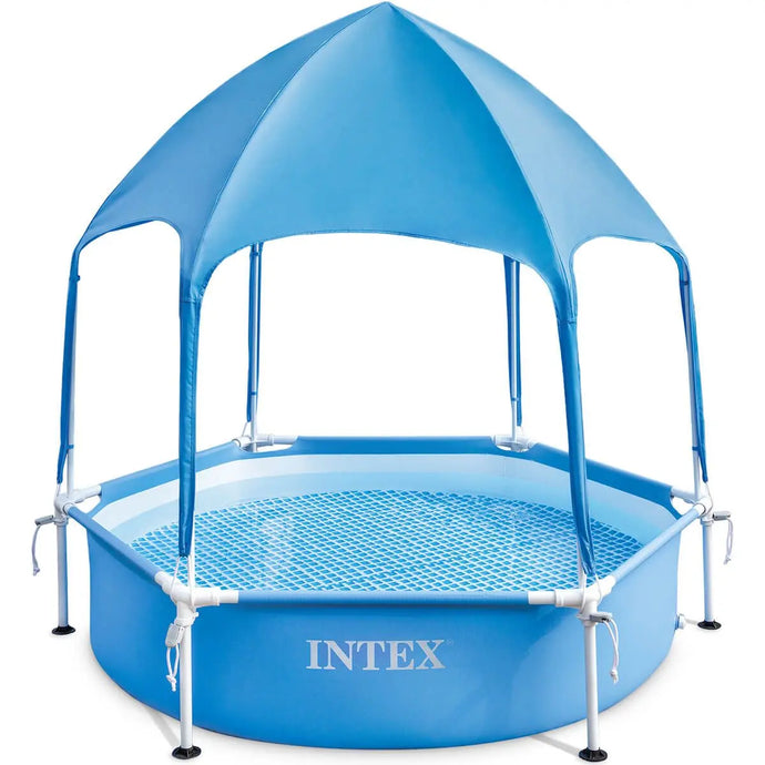 De Intex Canopy Klein Frame Zwembad 183 x 38CM is een blauw, achthoekig zwembad van het merk Intex met afneembaar zonnedak, mesh bodem en Intex-logo aan de zijkant.