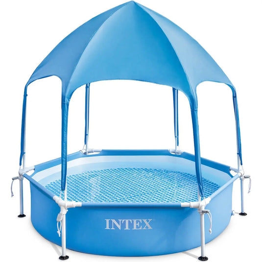 De Intex Canopy Klein Frame Zwembad 183 x 38CM is een blauw, achthoekig zwembad van het merk Intex met afneembaar zonnedak, mesh bodem en Intex-logo aan de zijkant.