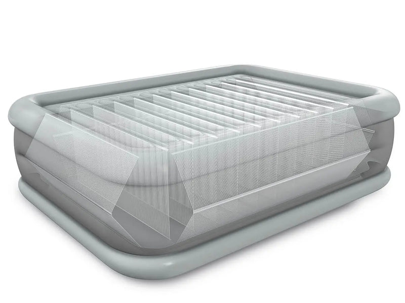 Laad afbeelding in galerijtoner, Het Intex Comfort Plush Tweepersoons Luchtbed heeft Fiber-Tech® technologie, wat de interne ondersteuningsstructuur en luchtkamers laat zien, afgewerkt met strakke grijze randen.
