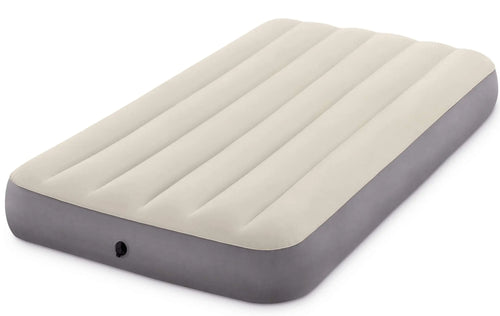 Het Intex Deluxe Eenpersoons Luchtbed heeft Fiber-Tech® technologie, een beige bovenkant en grijze zijkanten - ideaal voor comfortabel kamperen. Afgebeeld op een witte achtergrond.
