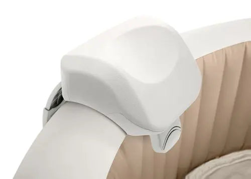 Close-up van een wit en beige babywieg met focus op de hoekverbinding, zachte bekleding en een Intex Foam Hoofdsteun voor Jacuzzi van Intex voor extra comfort.