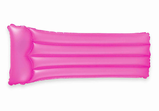 Het Intex Luchtbed Neon van het merk Intex is gemaakt van duurzaam vinyl, heeft een kussensectie en is uitgevoerd in roze op een witte achtergrond.