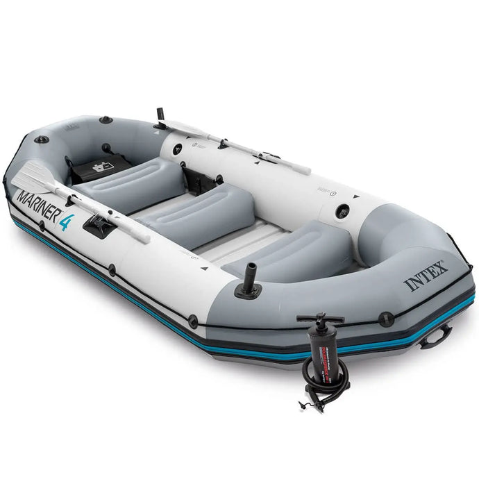 De Intex Mariner 4 Opblaasbootset van Intex heeft zitjes, roeispaanhouders en een zijpomp. Gemaakt van duurzaam Super-Tough™ materiaal voor extra stevigheid in grijs en wit.