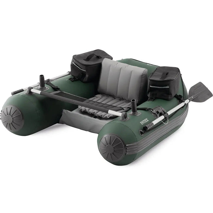 De Intex Opblaasbare Belly Boat Big Catch Pro is voorzien van grijze zitplaatsen, een opblaasbare vloer, hengelhouders, opbergzakken en roeiriemen aan elke kant. Ideaal voor vissers die op zoek zijn naar comfort en gemak op het water.