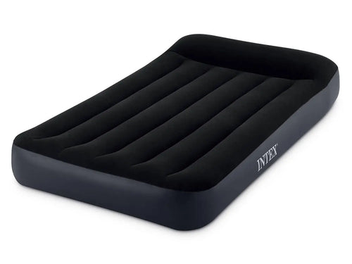 Het Intex Pillow Rest Classic Eenpersoons Luchtbed in zwart, met een verhoogd ingebouwd kussen en het Intex logo, zorgt voor een comfortabele slaapervaring.