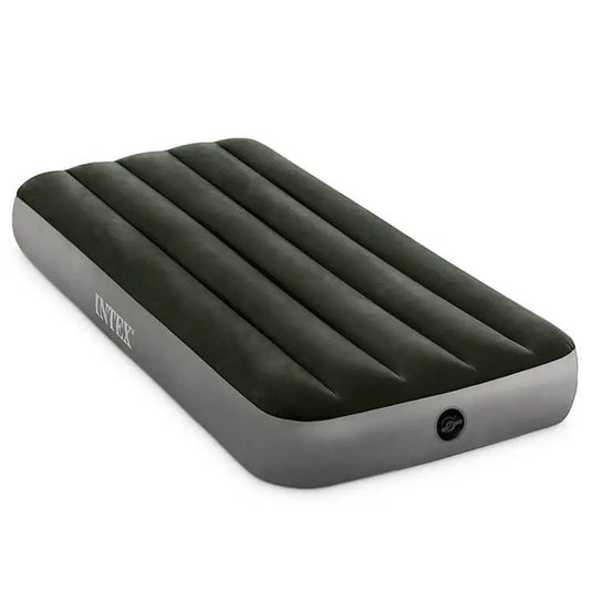 Het Intex Prestige Downy Eenpersoons Luchtbed is een zwart met grijs lits-jumeaux luchtbed met ingebouwde pomp van Intex, afgebeeld op een witte achtergrond.