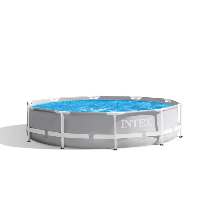 Het Intex Prism Frame Zwembad 305 x 76cm van Intex heeft een stevig gepoedercoat stalen frame en een duurzame 3-laags PVC-liner, afgebeeld met blauw water op een effen witte achtergrond.