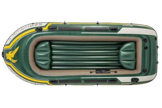 De Intex Seahawk 4 Opblaasbootset van Intex, uitgevoerd in groen en geel met zwarte handgrepen en een adelaarprint op de voorkant, is ideaal voor recreatief tochten op het water.