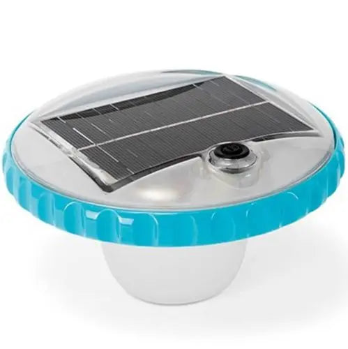 De Intex Solar Drijflicht van Intex is een ronde, drijvende solar zwembadlamp met een blauwe rand, een zonnepaneel aan de bovenkant en een aan-/uitknop. Ideaal voor jacuzzi's of zwembaden voor ontspannende avonden.