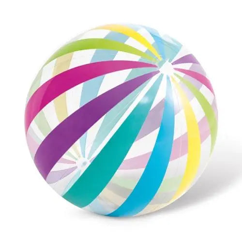 Laad afbeelding in galerijtoner, De Intex Strandbal Jumbo van Intex heeft opvallende witte, blauwe, paarse, gele en roze strepen op een witte achtergrond. Ideaal voor plezier op het strand of in het zwembad.
