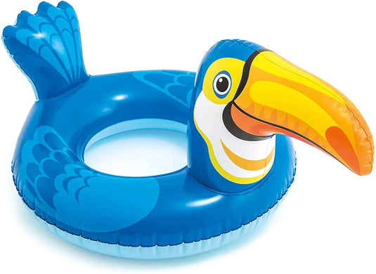 De Intex Zwemband Dier van Intex is een blauwe opblaasbare zwemband in de vorm van een toekan, met gele snavel en blauwe vleugels-een kleurrijke toevoeging voor elk zwembadavontuur.