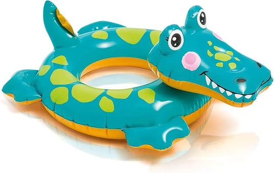 De Intex Zwemband Dier is een felblauwe zwemband in de vorm van een lachende cartoonkrokodil met gele vlekken en roze wangen, gemaakt van duurzaam vinyl voor langdurig plezier.