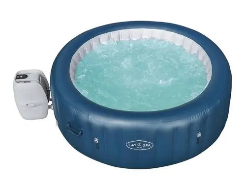 Laad afbeelding in galerijtoner, Blauwe opblaasbare jacuzzi met pomp.

