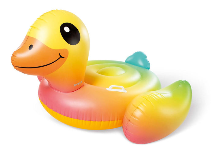 Opblaasbare eend in regenboogkleuren.