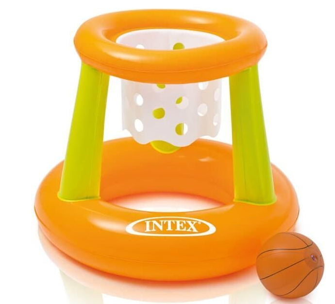 Oranje met groen opblaasbaar basketbalnet met basketbal.