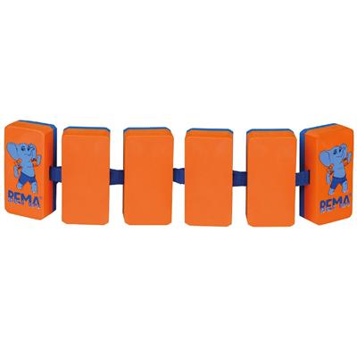 Oranje zwemgordel van Bema met 6 drijfblokken. Op de buitenste twee blokken staan blauwe olifanten afgebeeld