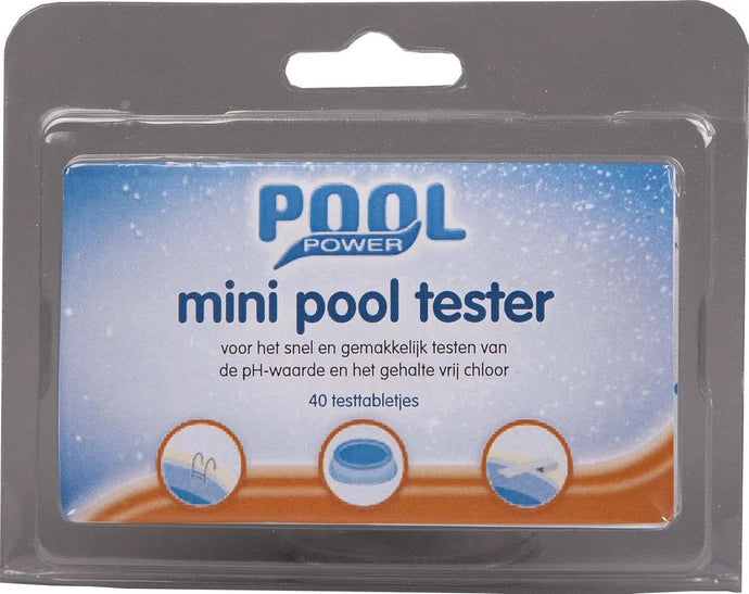 Pool Power Zwembadreiniging Mini Tester van Pool Power in plastic verpakking, gelabeld voor het meten van pH-waarde en vrije chloor in het zwembad, bevat 40 testtabletjes.