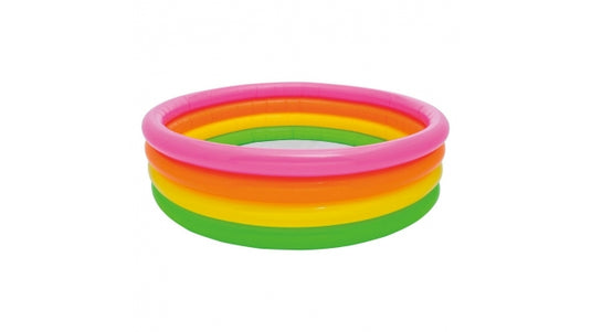 Rond opblaasbaar kinderzwembad Intex Sunset Glow met een groene, gele, oranje en roze band