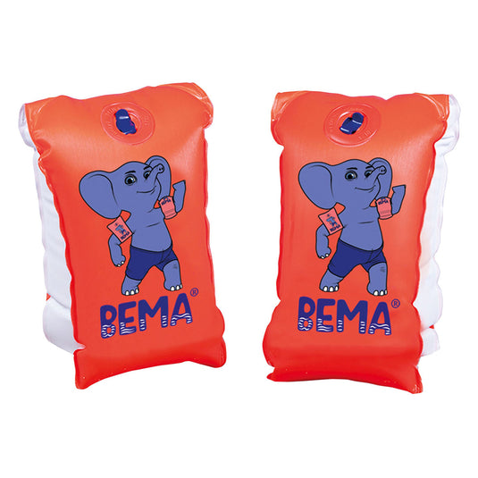 Twee oranje Bema zwembandjes voor kinderen van 6 - 12 jaar oud. Beide zwembandjes hebben een blauwe olifant op de zwembandjes afgedrukt