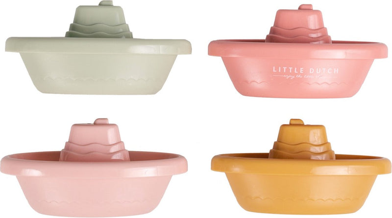 Laad afbeelding in galerijtoner, Vier badbootjes van Little Dutch. De bootjes hebben de kleuren roze, lichtroze, groen en okergeel
