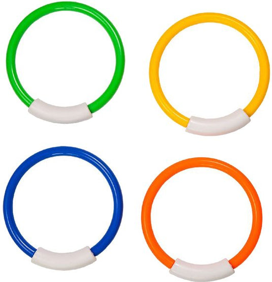 Vier duikringen van SportX in de kleuren groen, geel, blauw en oranje