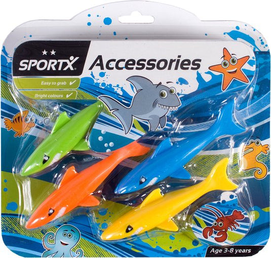 Vier kleurrijke haaien in een verpakking van SportX