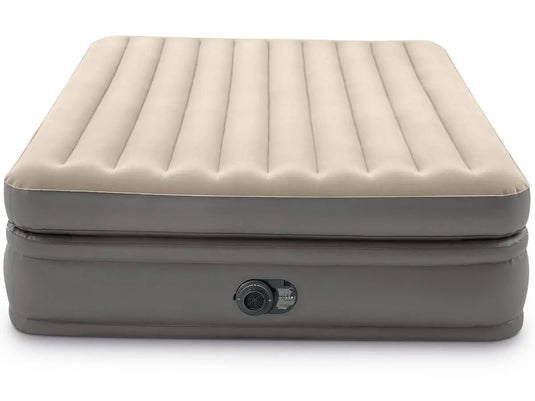 Vooraanzicht van een grijs tweepersoons Intex Prime Comfort luchtbed met een ingebouwde pomp