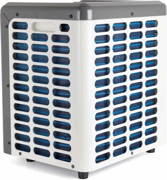 De W'eau Mini Inverter Plus Zwembad Warmtepomp - 3 kW is een moderne, energiezuinige zwembadwarmtepomp met blauwe ventilatieopeningen, een grijze bovenkant en vier korte poten, voorzien van invertertechnologie voor efficiënte koeling.