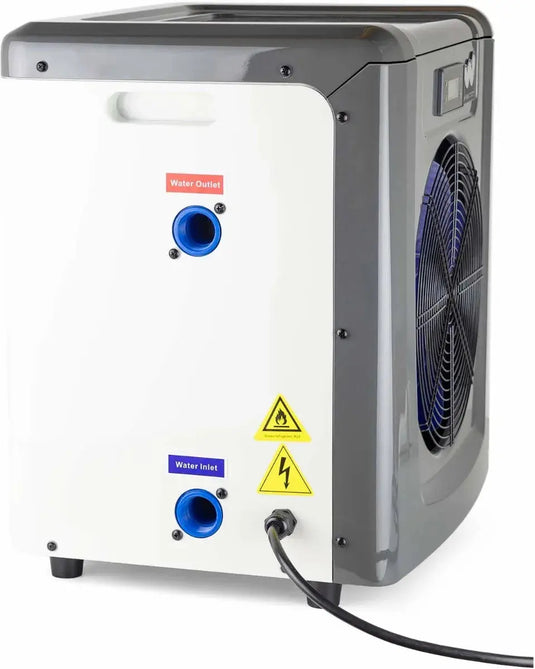 Achteraanzicht van de W'eau Mini Inverter Plus Zwembad Warmtepomp - 3 kW met gelabelde waterinlaat/-uitlaat, veiligheidssymbolen en een geïntegreerde wifi-module voor naadloze connectiviteit.