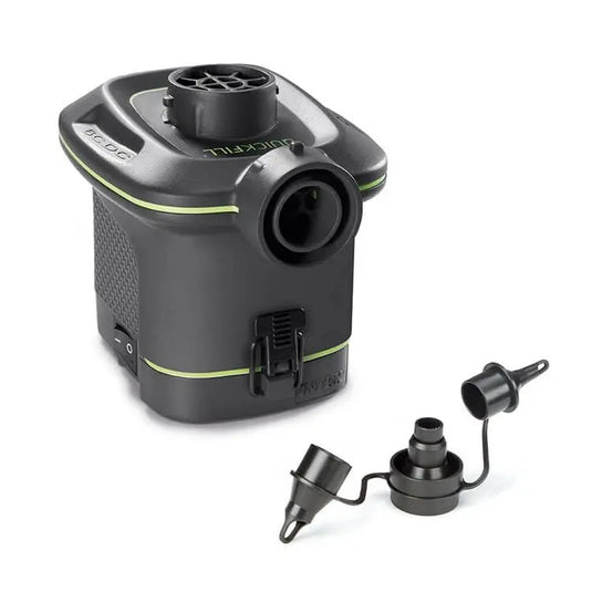 Zwarte elektrische pomp met een opzetstukje voor een Intex Prestige Downy Twijfelaar Luchtbed