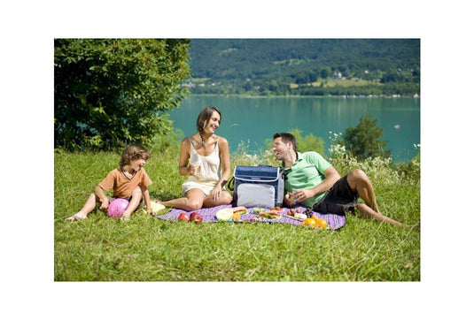 Gezin gebruikt blauwe koeltas tijdens picknick.