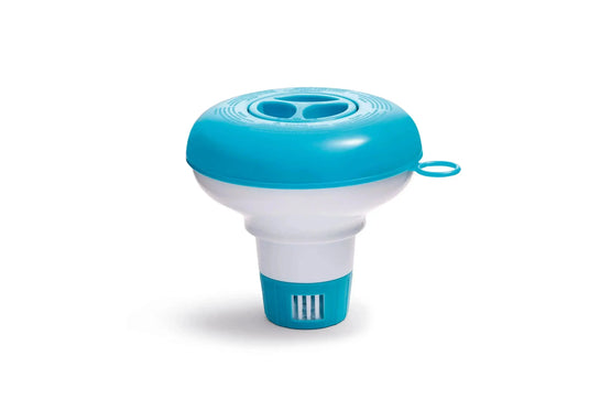 Blauw met witte chloordrijver van Intex.